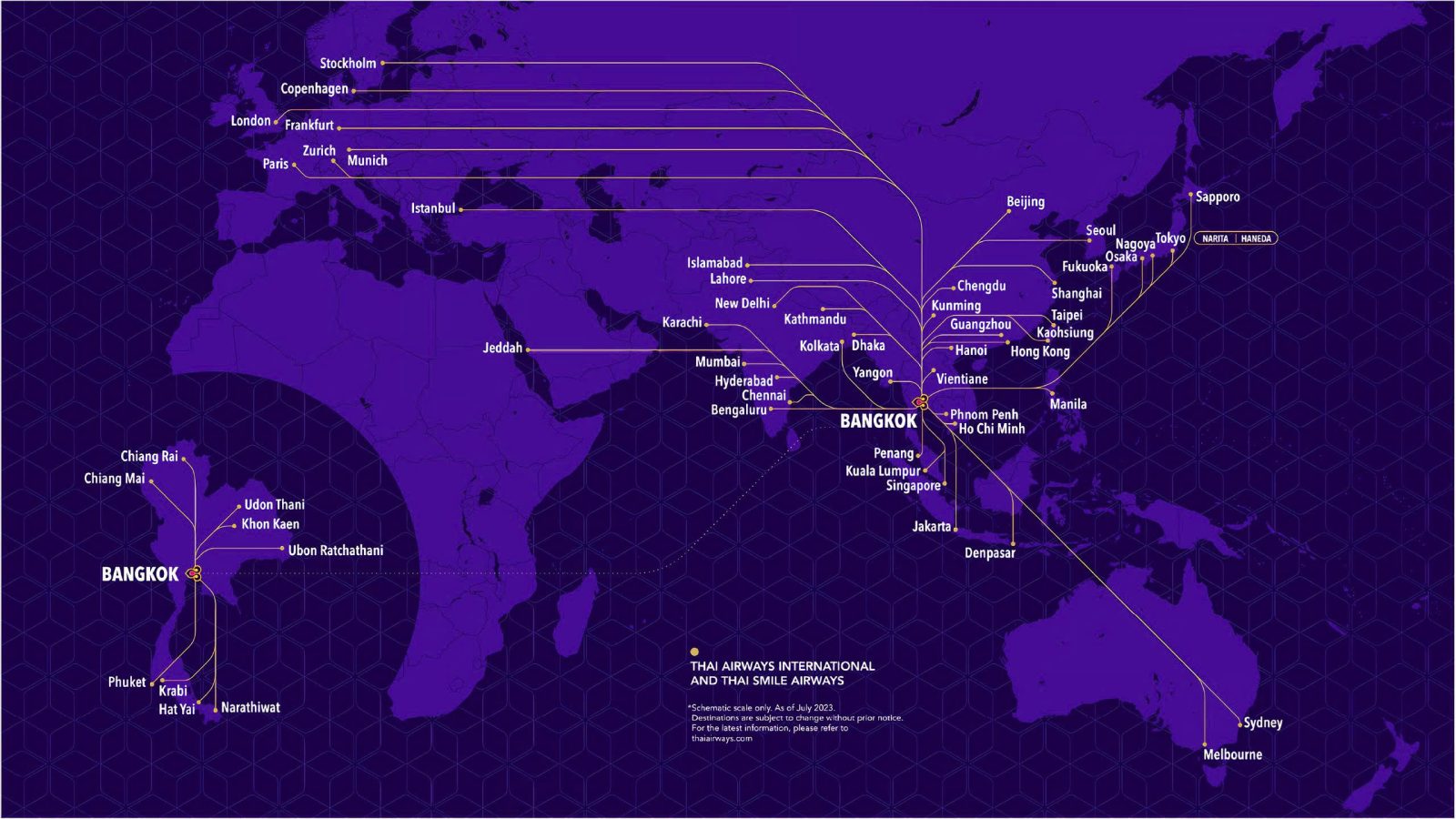 Map of Thai Airways services from Hanoi and Ho Chi Minh City to Bangkok, with onward international connections across the THAI network